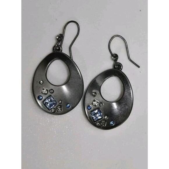 Kenneth Cole KC signed silver toned Blue Stones round Dangle earrings Elegant - Picture 2 of 4